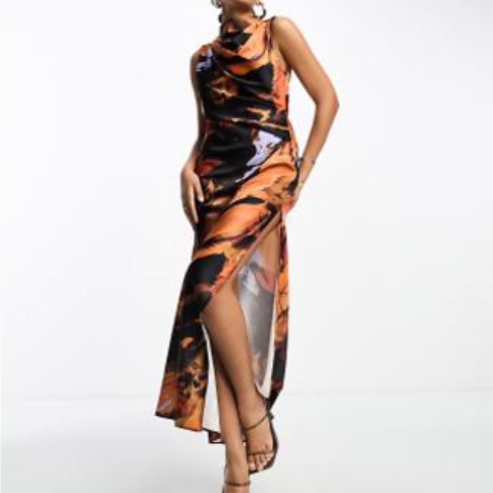 ASOS DESIGN Satin High Neck Drape Maxi Dress with Open Back and High Split
